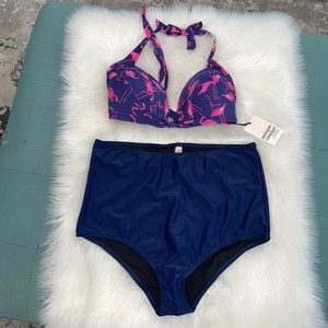 Unique Vintage Navy & Pink Flamingo Bikini SET Sz XXXL